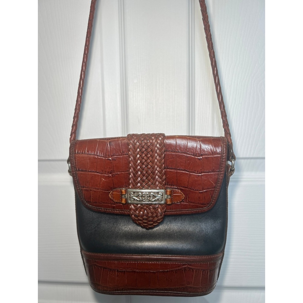 Brighton Crossbody Bag‎ Vintage Croc Embossed Leather Black Brown Western Small